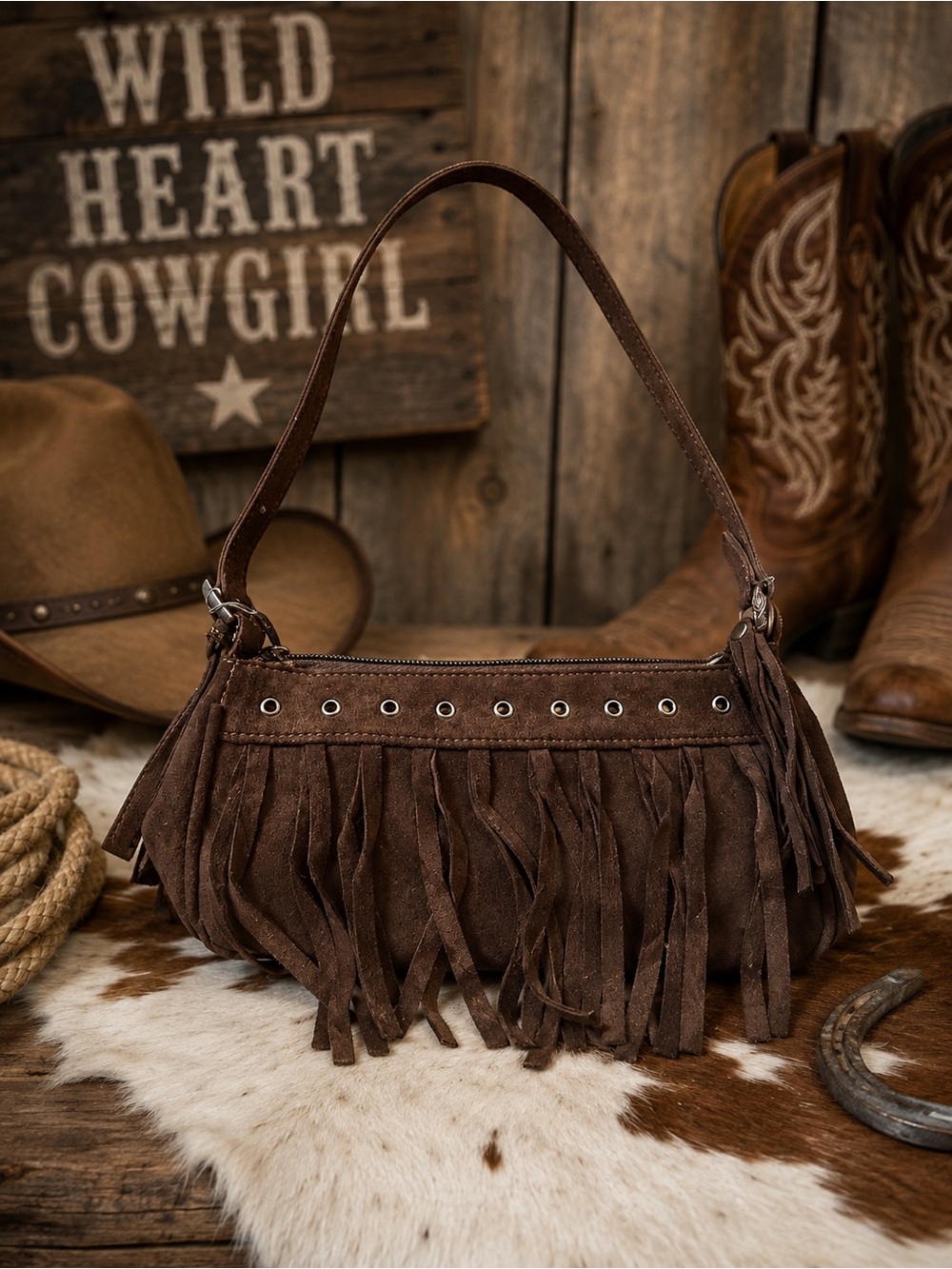 - Women Vintage Brown Suede Fringe Western Handbag shoulder bag